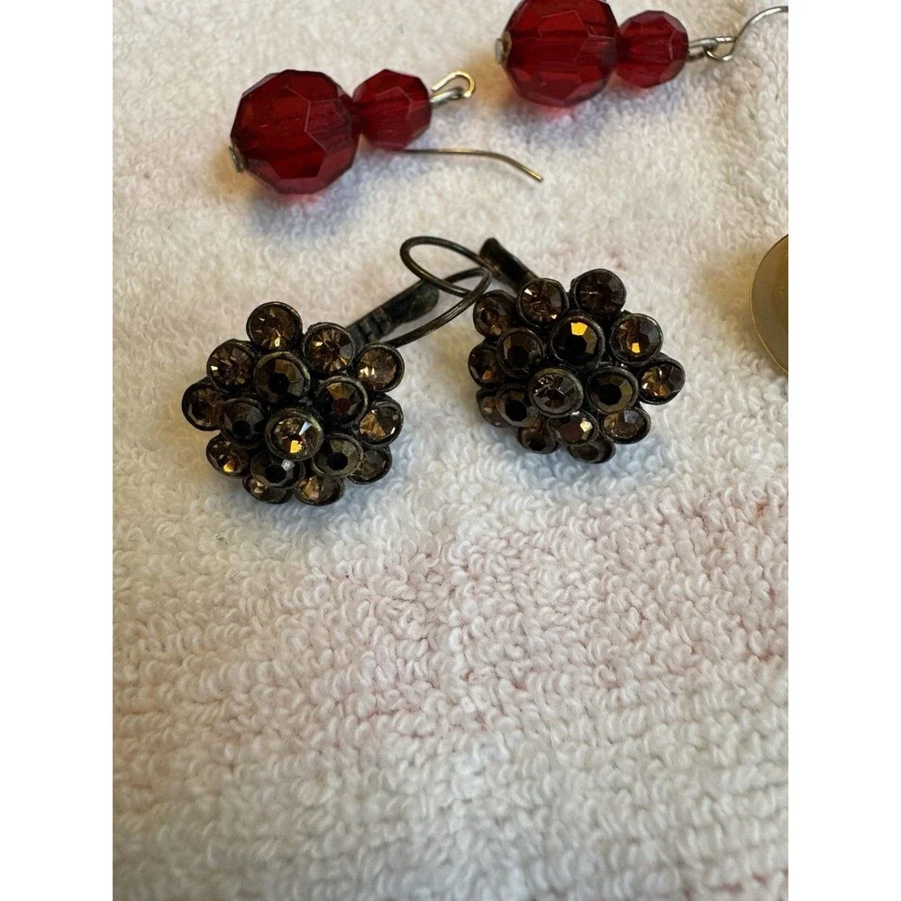 Lot of 3 Pairs‎ Vintage Earrings — Red Crystal Drop, Rhinestone Cluster Clip-On